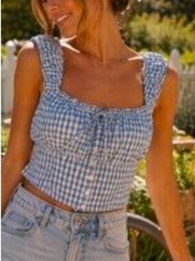 Monteau Los Angeles Blue Gingham Milkmaid Cottagecore Crop Top New Size S